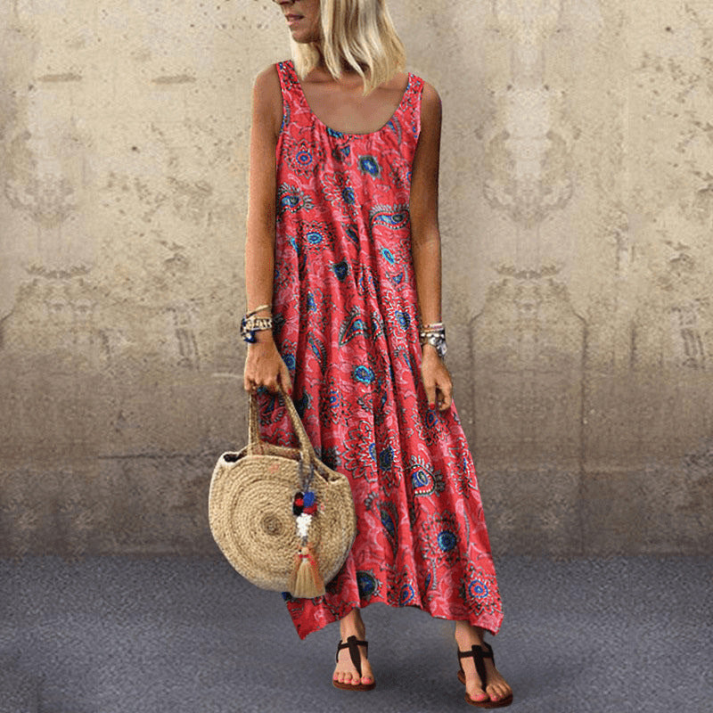 Leisure Printed Sleeveless Seaside Vacation Loose Dress