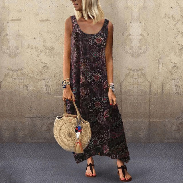Leisure Printed Sleeveless Seaside Vacation Loose Dress