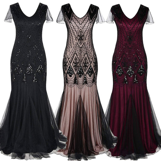 Women's Vintage Sequined Dress Banquet Party Long Wedding Dresses