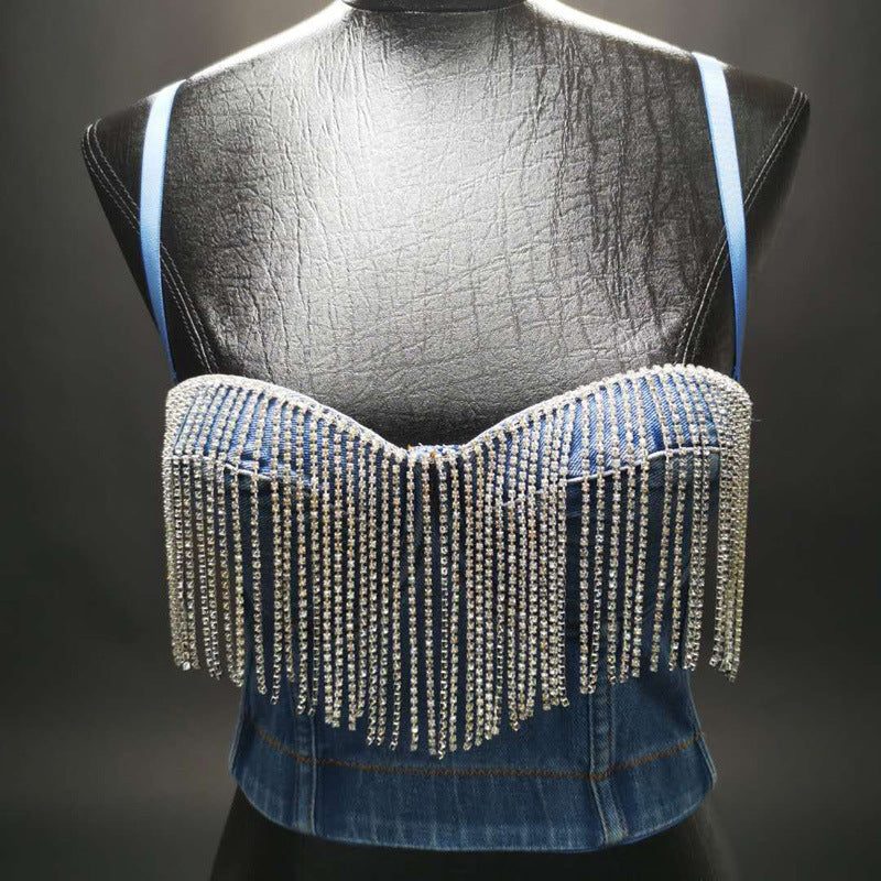 Women's Tube Design Sense Tassel Rhinestone Sling Tops