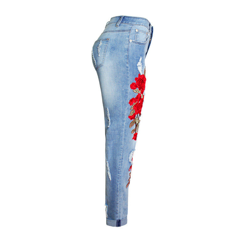 Women's Loose Elastic Trousers Colorful Flower Three-dimensional Jeans