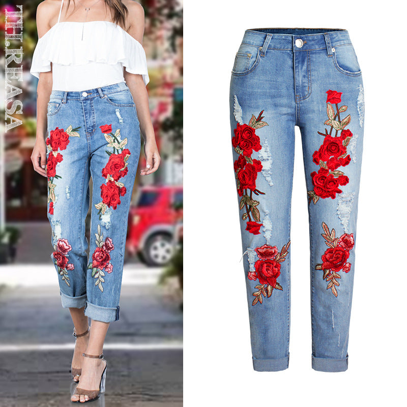 Women's Loose Elastic Trousers Colorful Flower Three-dimensional Jeans