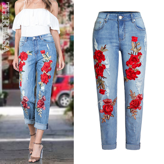 Women's Loose Elastic Trousers Colorful Flower Three-dimensional Jeans