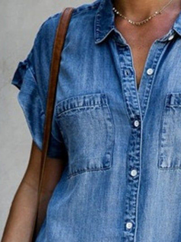 Women's Lapel Sleeve Slim Dress Denim Shirt Dresses