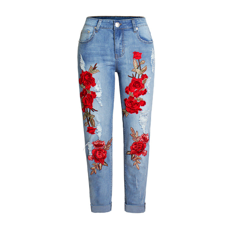 Women's Loose Elastic Trousers Colorful Flower Three-dimensional Jeans