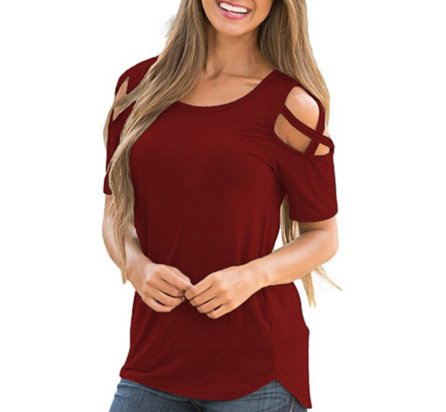 Women's Summer T-shirt Solid Color Leisure Ripped Shoulder Women's Sweater