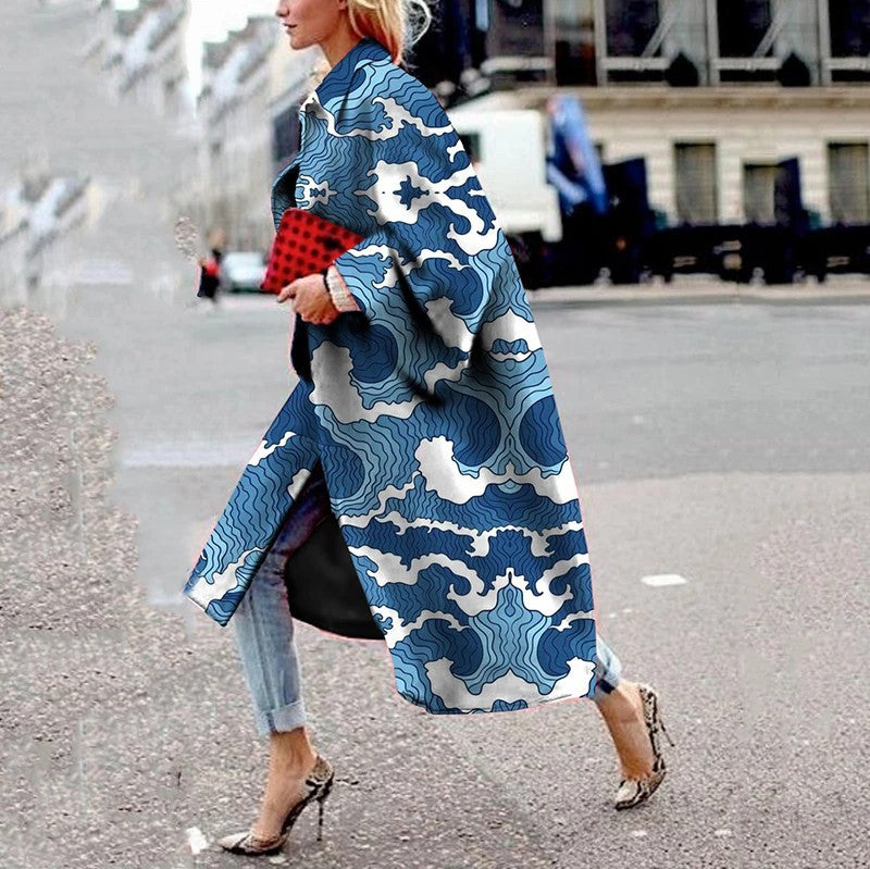 Women's Long Flared Sleeves Printed Loose Trench Coats