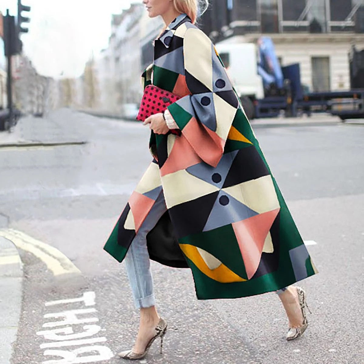 Women's Long Flared Sleeves Printed Loose Trench Coats