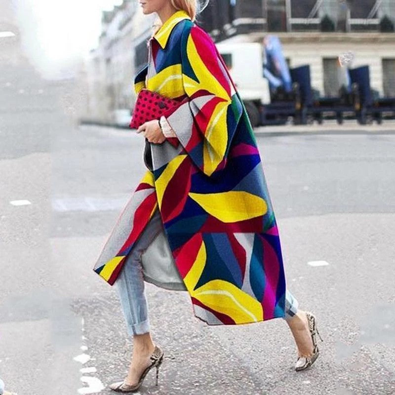 Women's Long Flared Sleeves Printed Loose Trench Coats