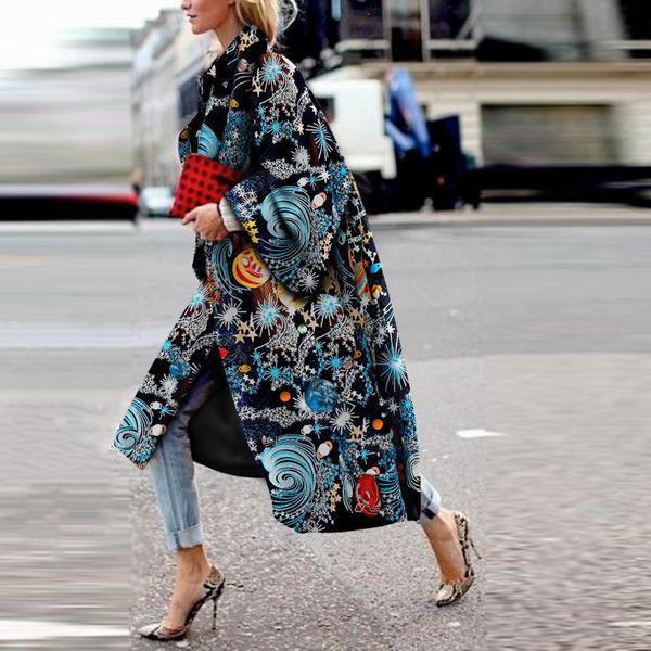 Women's Long Flared Sleeves Printed Loose Trench Coats