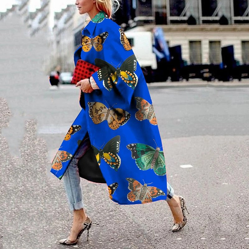 Women's Long Flared Sleeves Printed Loose Trench Coats
