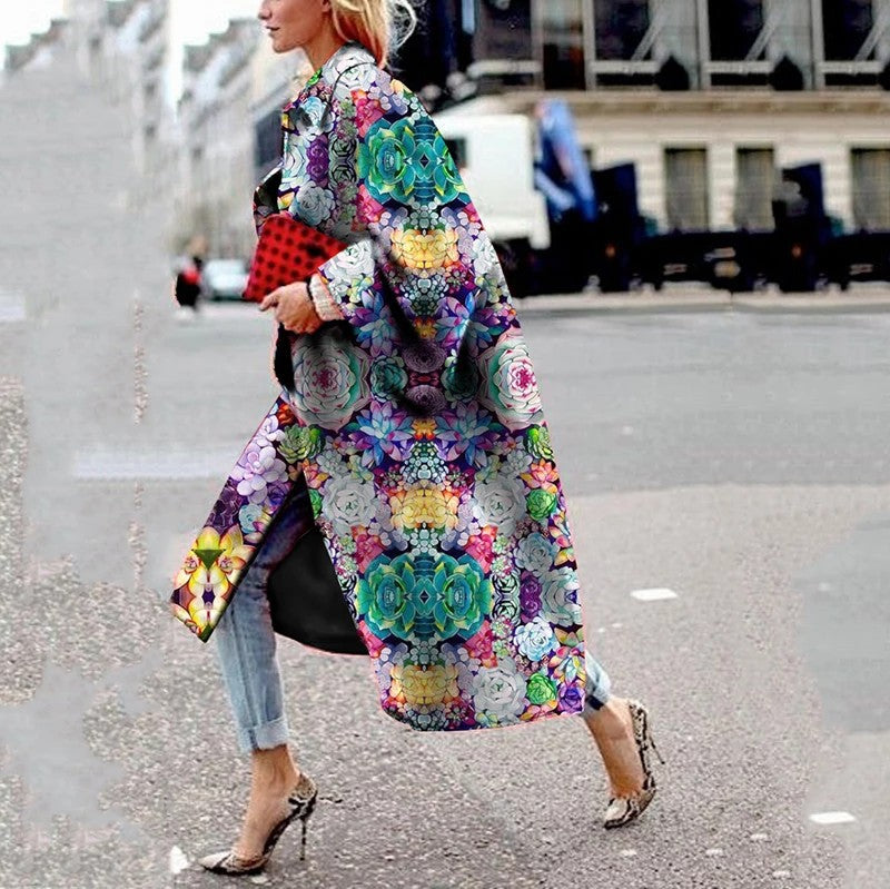 Women's Long Flared Sleeves Printed Loose Trench Coats