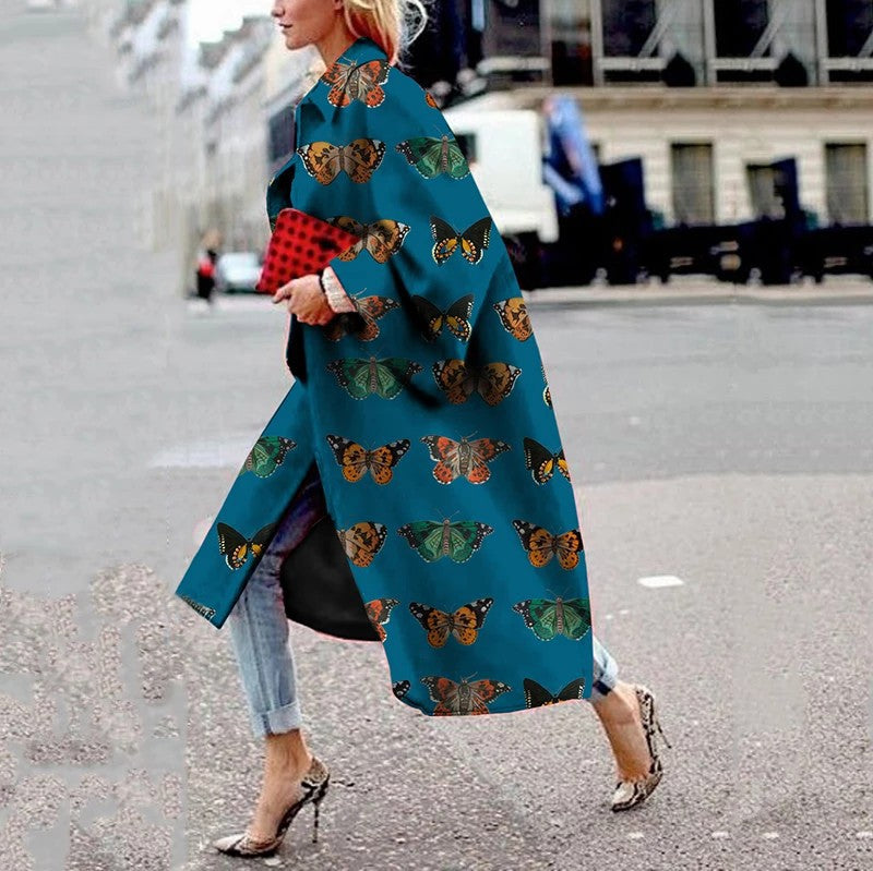 Women's Long Flared Sleeves Printed Loose Trench Coats
