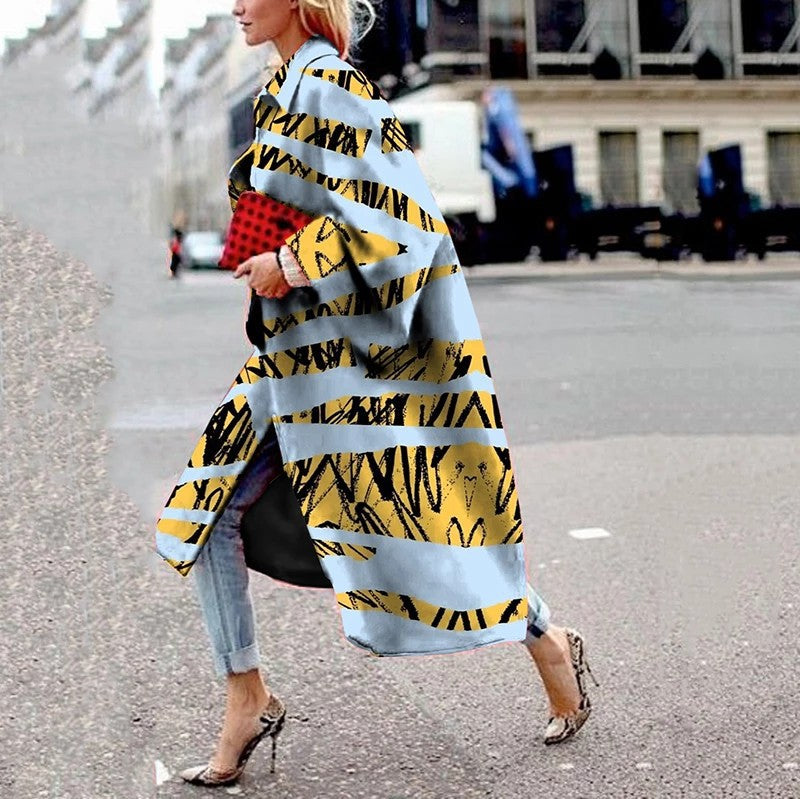 Women's Long Flared Sleeves Printed Loose Trench Coats