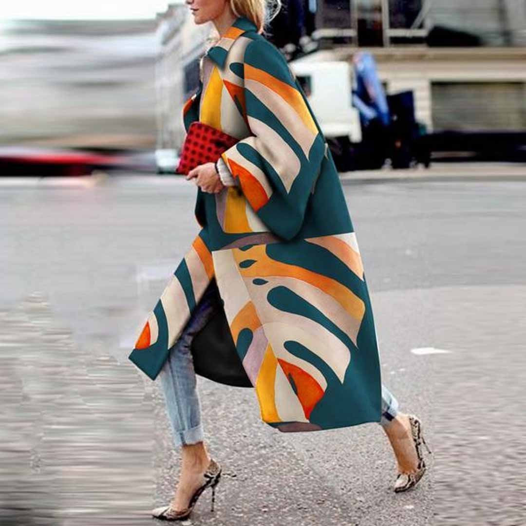 Women's Long Flared Sleeves Printed Loose Trench Coats