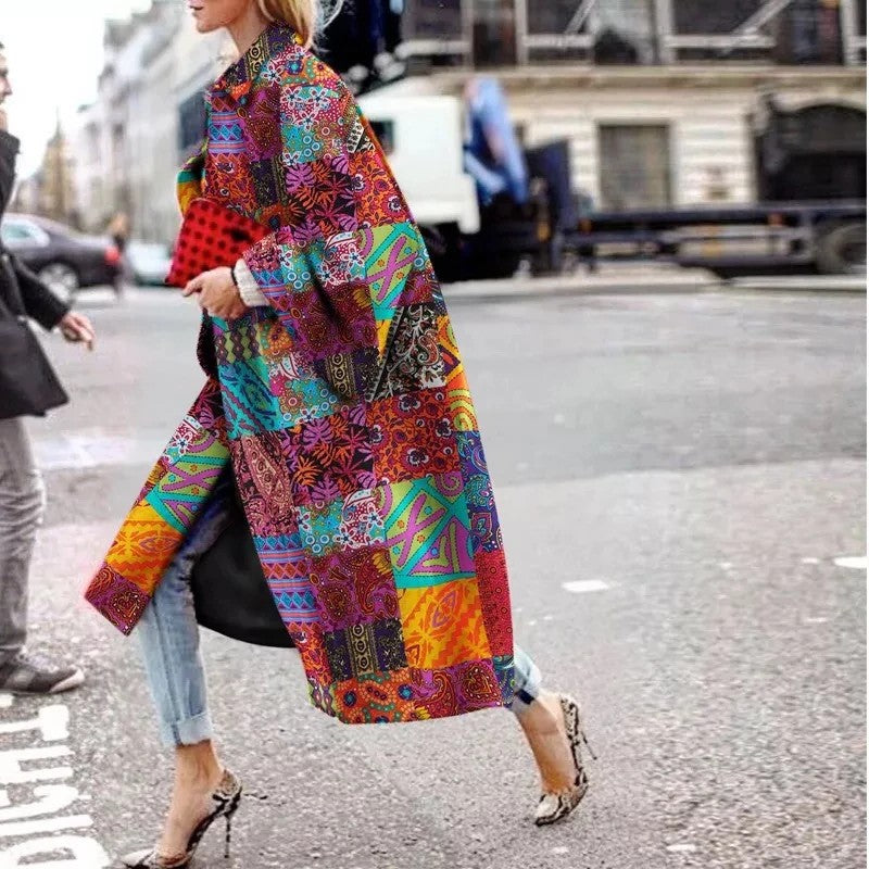 Women's Long Flared Sleeves Printed Loose Trench Coats