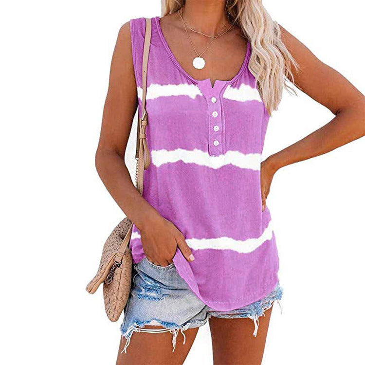 Women's Summer Striped Printed Button T-shirt Blouses