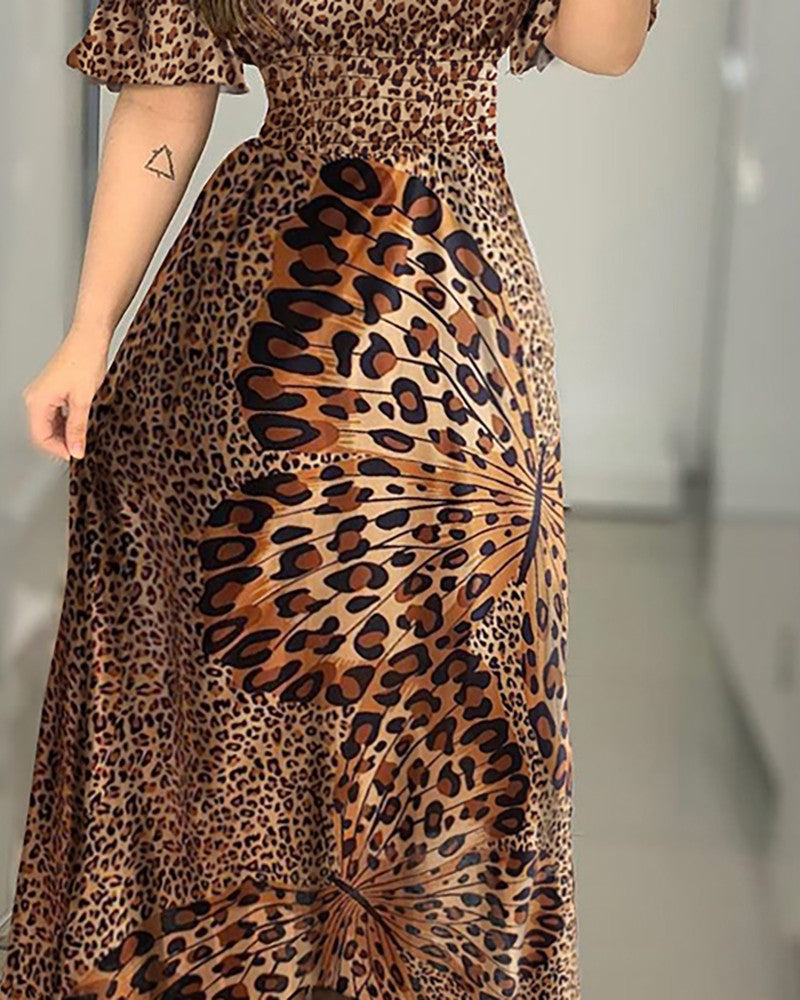 Wrapped Chest Butterfly Print Waist Large Swing Ruffle Dress