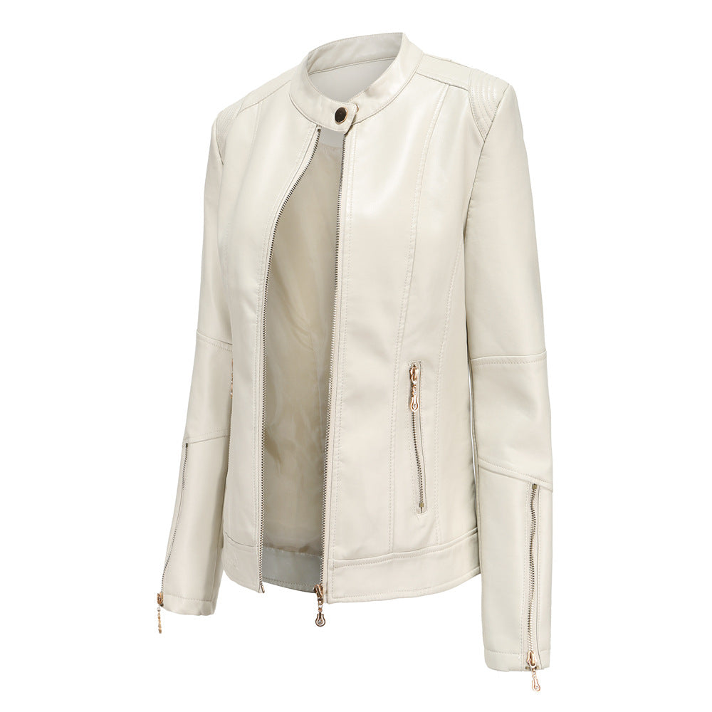 Women's Fashion Leather Stand Collar Thin Dark Jackets