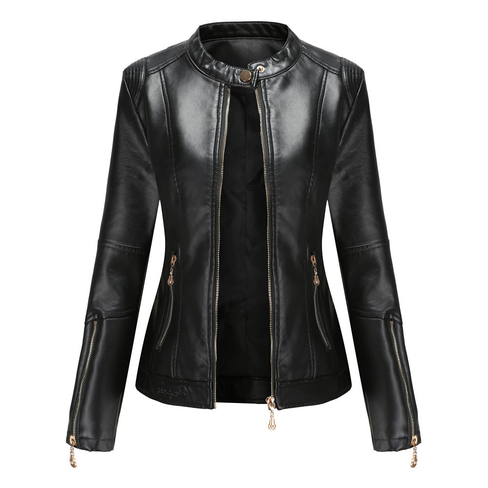 Women's Fashion Leather Stand Collar Thin Dark Jackets