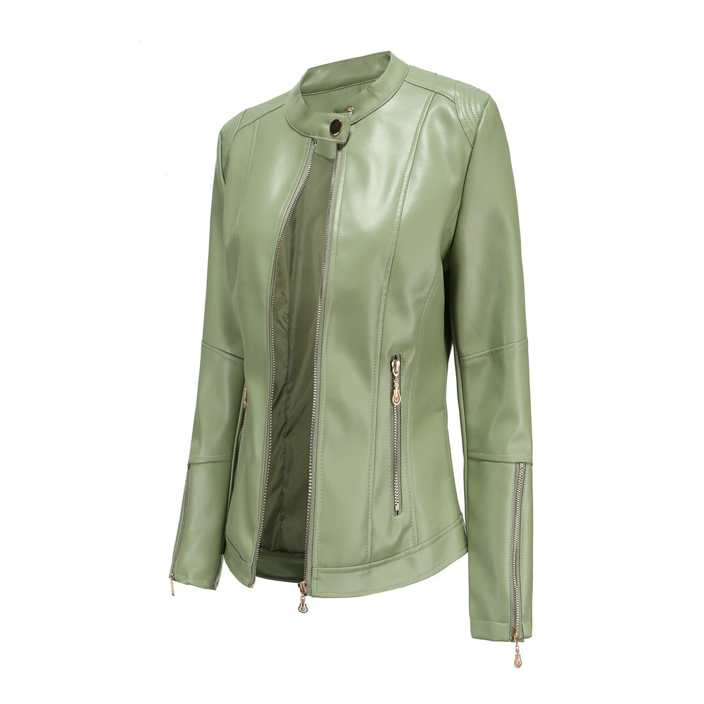Women's Fashion Leather Stand Collar Thin Dark Jackets