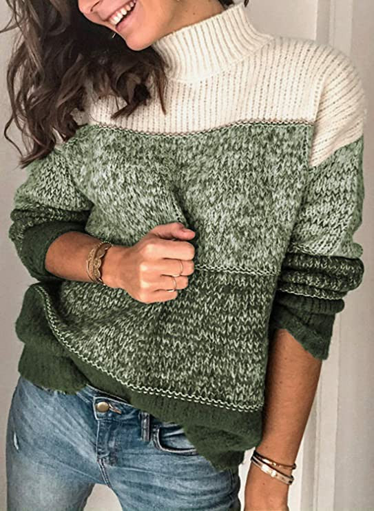 Versatile Women's Spring Splicing Loose Turtleneck Sweater