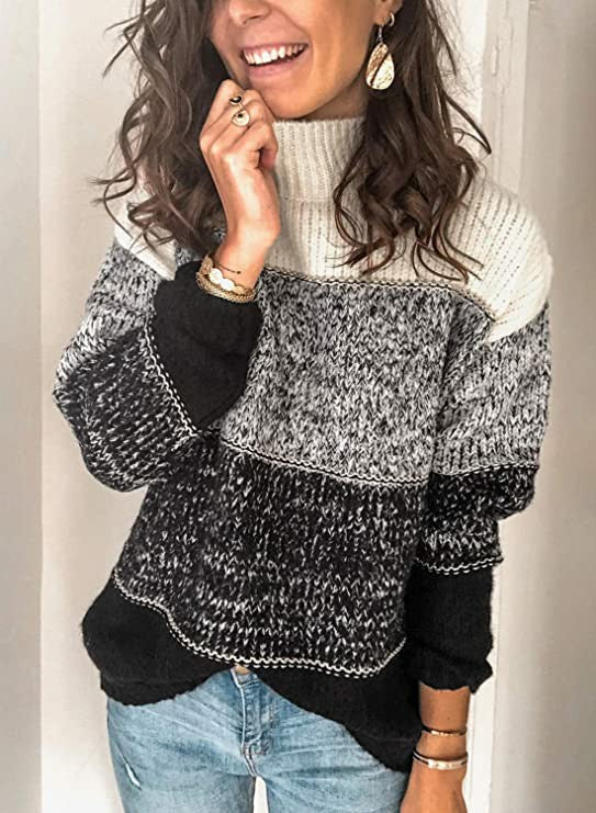 Versatile Women's Spring Splicing Loose Turtleneck Sweater