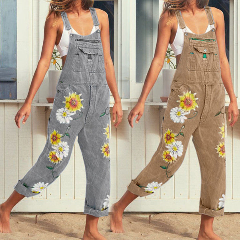 Classic Pencil Printed Sleeveless Suspenders Slimming Jeans