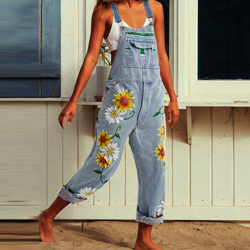 Classic Pencil Printed Sleeveless Suspenders Slimming Jeans