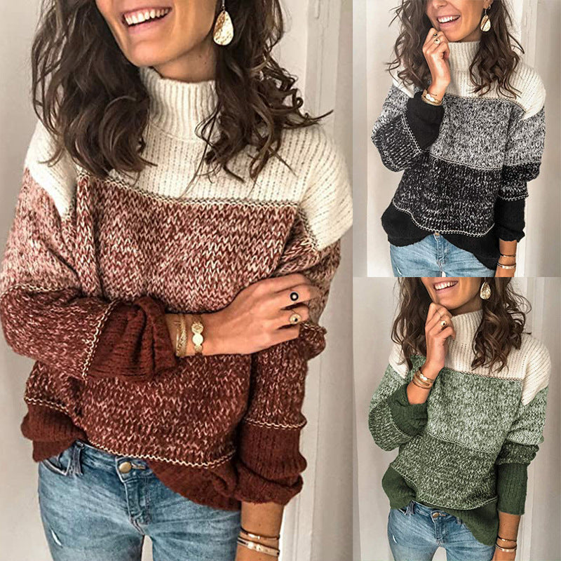 Versatile Women's Spring Splicing Loose Turtleneck Sweater