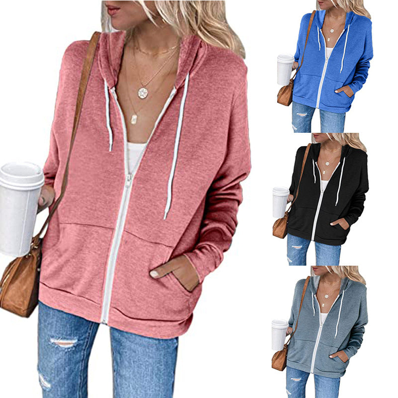 Women's Long-sleeved Hooded Drawstring Pocket Zipper Outerwear Sweaters