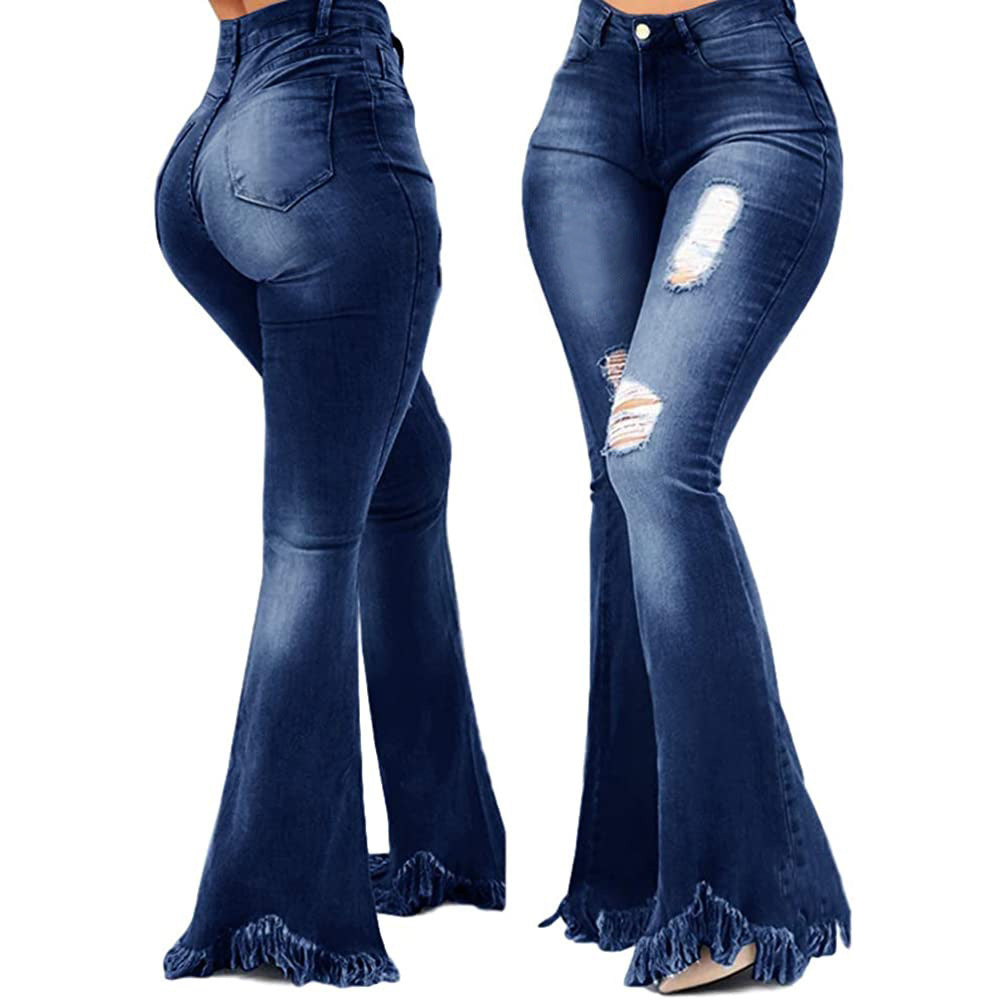 Fashionable Water Washed Hole Denim Bell-bottom Jeans