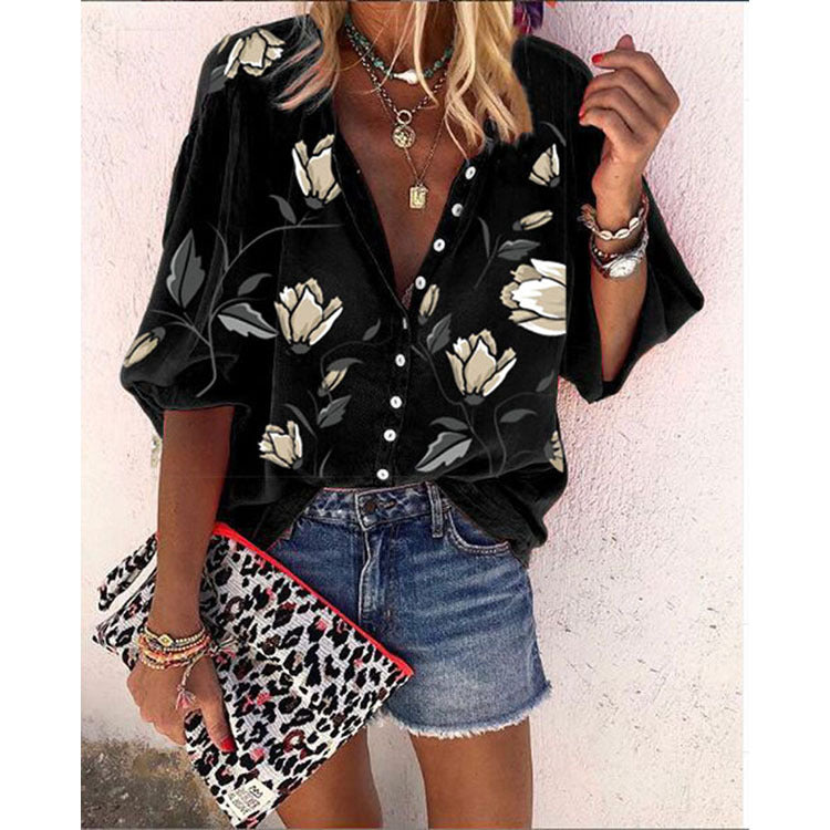 Women's Printed Shirt Stand Collar Loose Casual Blouses