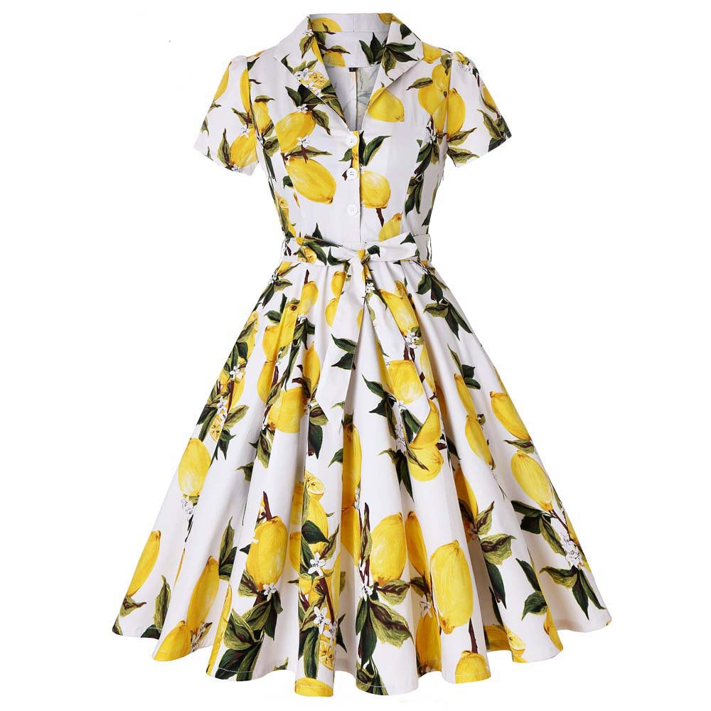 Retro Lapels Sleeve Fresh Printed Large Swing Cotton With Shorts
