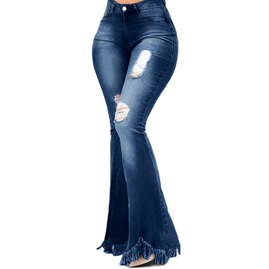 Fashionable Water Washed Hole Denim Bell-bottom Jeans