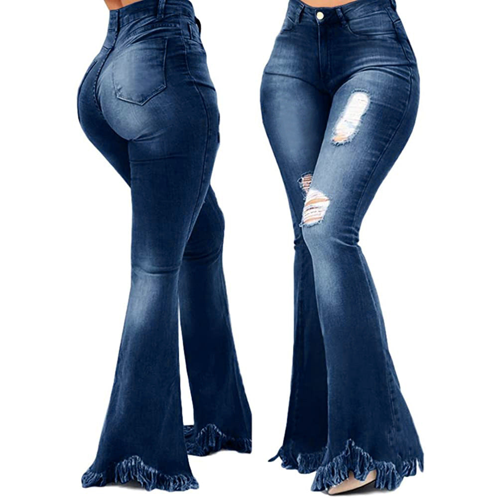 Fashionable Water Washed Hole Denim Bell-bottom Jeans