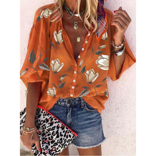 Women's Printed Shirt Stand Collar Loose Casual Blouses