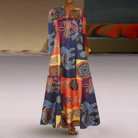 Women's Clothes Long Sleeve Pocket Summer Vintage Printed Color Block Dress