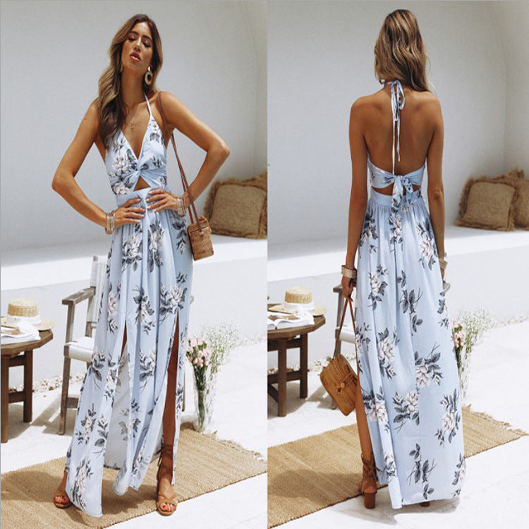 Women's Chiffon Sexy Sling Printed Bohemian Seaside Dress