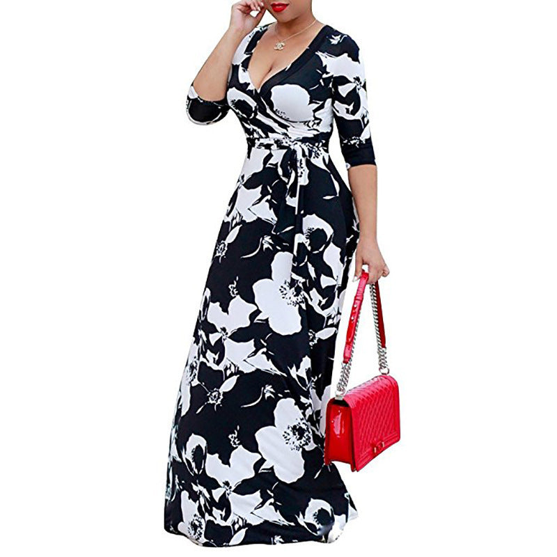 Women's Sleeve Fat Collar Printed Long Dress