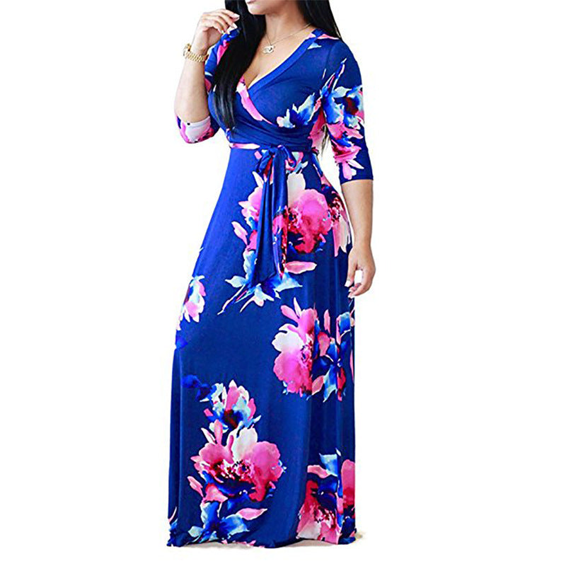 Women's Sleeve Fat Collar Printed Long Dress