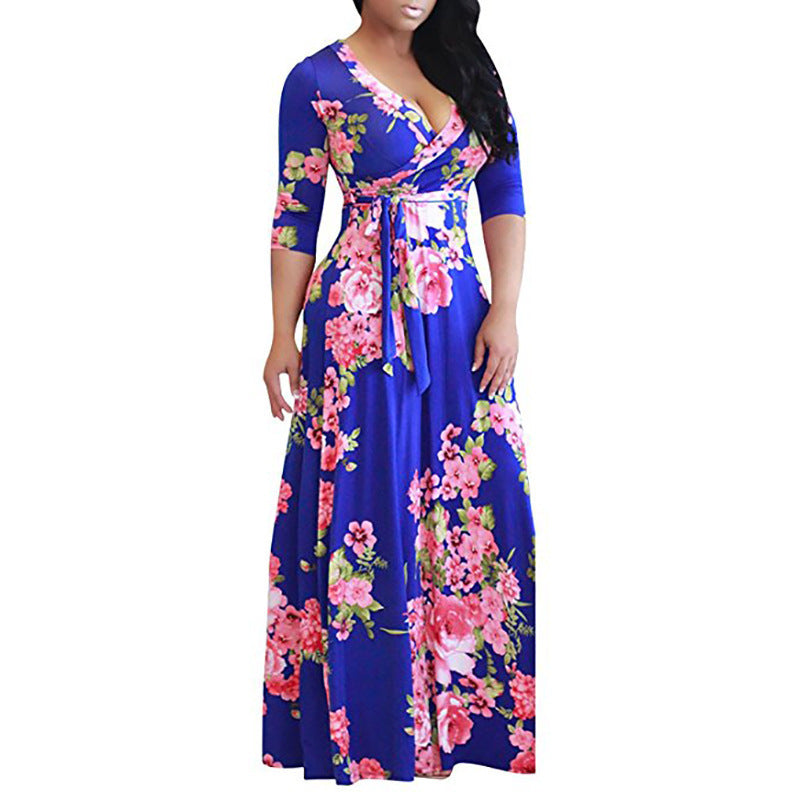 Women's Sleeve Fat Collar Printed Long Dress