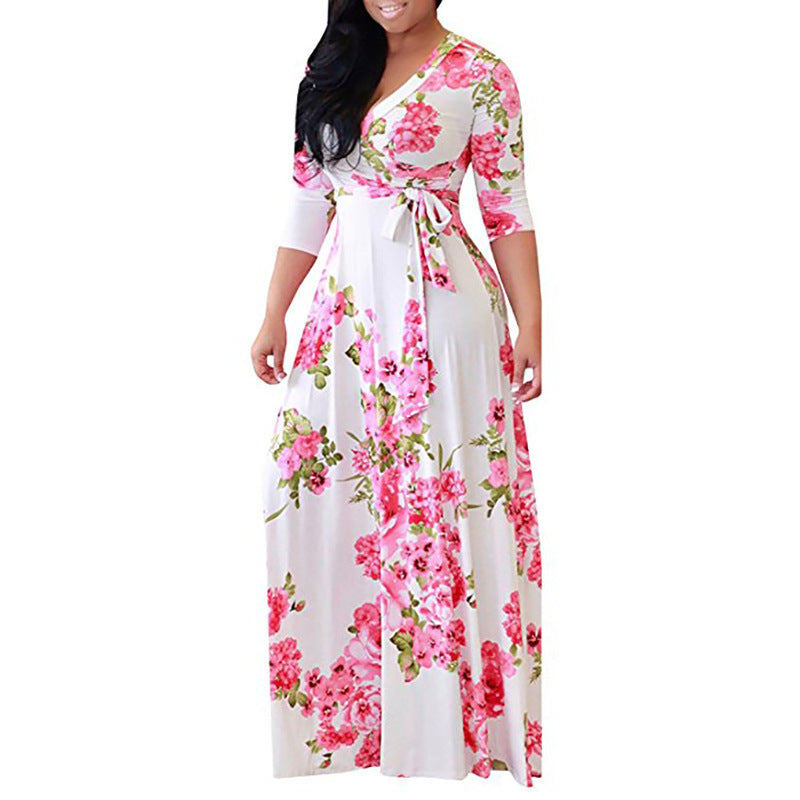 Women's Sleeve Fat Collar Printed Long Dress