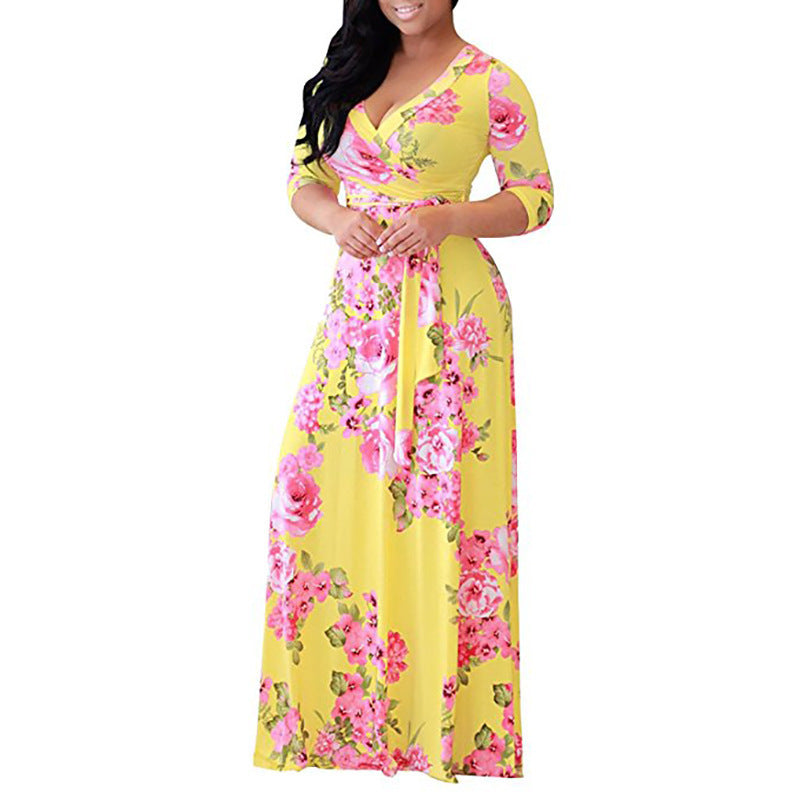 Women's Sleeve Fat Collar Printed Long Dress