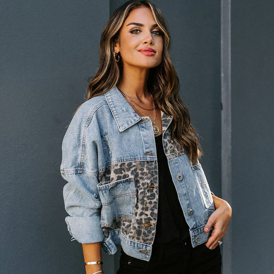 Women's Worn Denim Leopard Splicing Cropped Coats