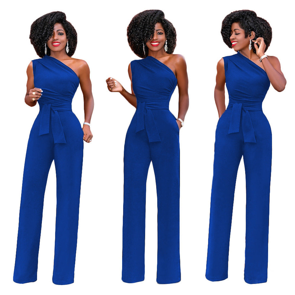 Women's Solid Color Diagonal Collar Button One-piece Pants