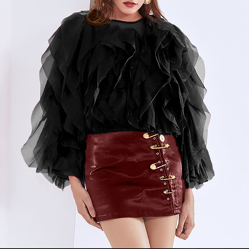 Women's Style Ruffled Patchwork Round Neck Pullover Blouses