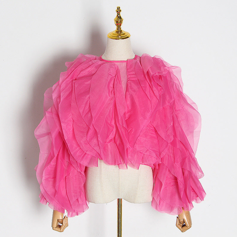 Women's Style Ruffled Patchwork Round Neck Pullover Blouses