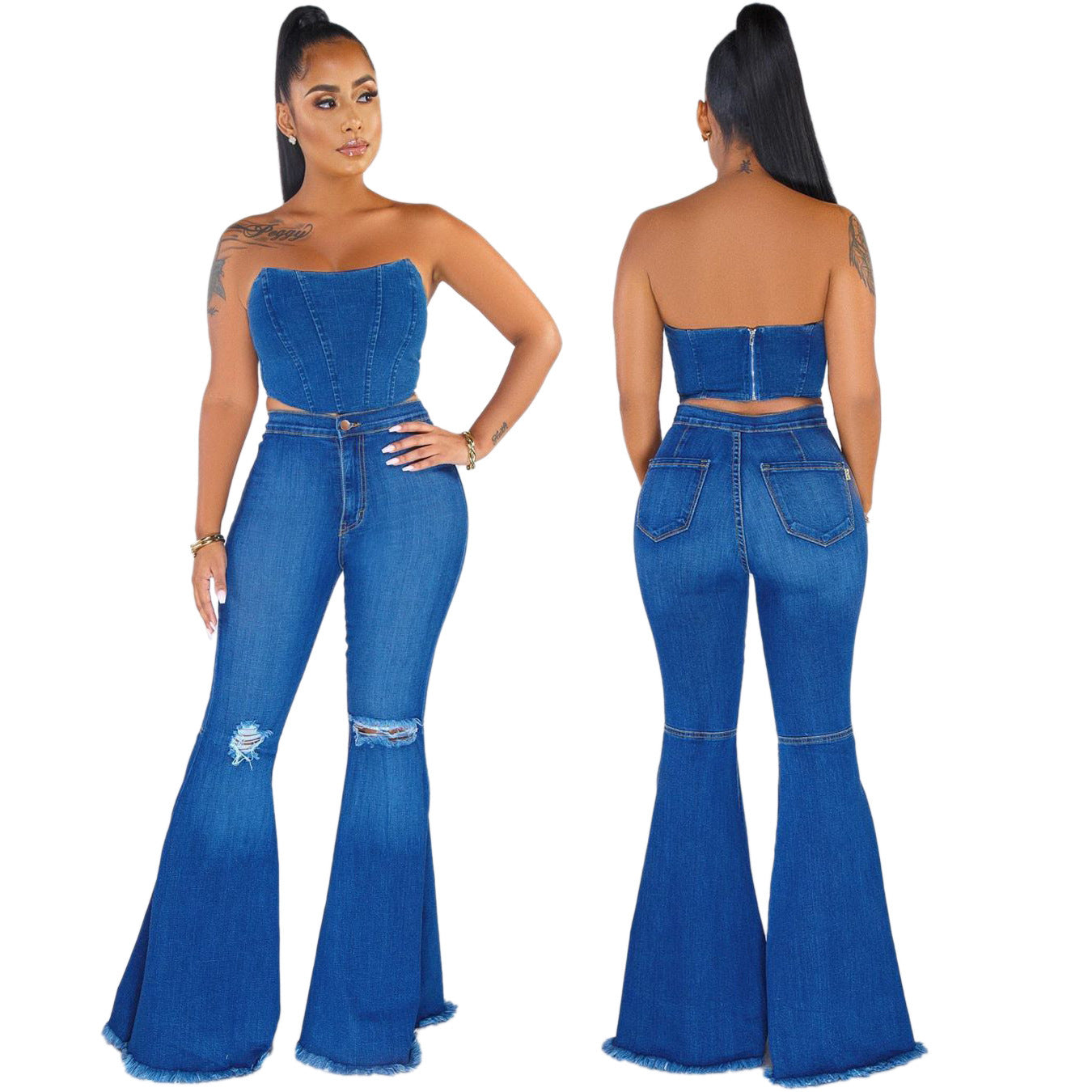 Fashion Wide Leg Knee Ripped Denim Jeans