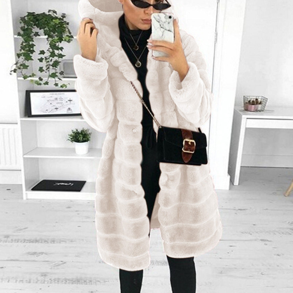 Women's Imitation Imitated Mink Long Hooded Overcoat Coats